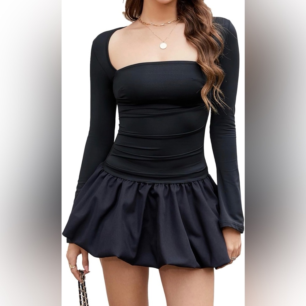 Women Bubble Mini Dress Long Sleeve Square Neck Backless